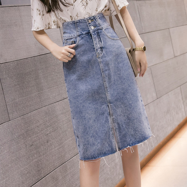 Női alkalmi farmerszoknya hasítékkal, magas derékkal