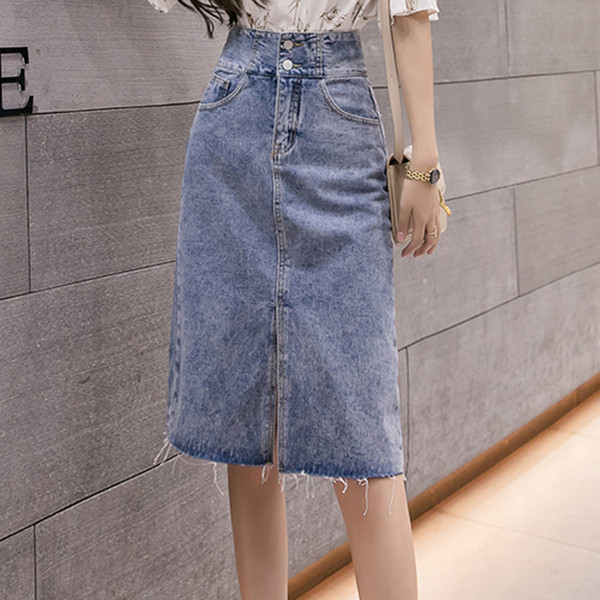 Női alkalmi farmerszoknya hasítékkal, magas derékkal