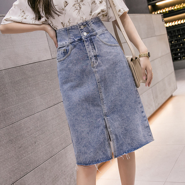 Női alkalmi farmerszoknya hasítékkal, magas derékkal