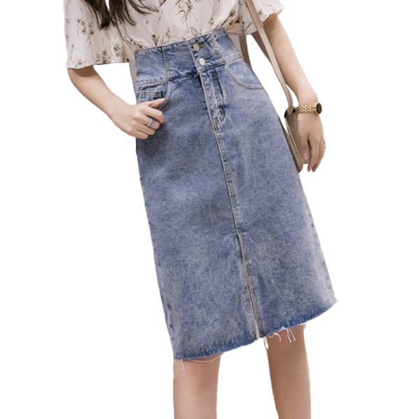 Női alkalmi farmerszoknya hasítékkal, magas derékkal