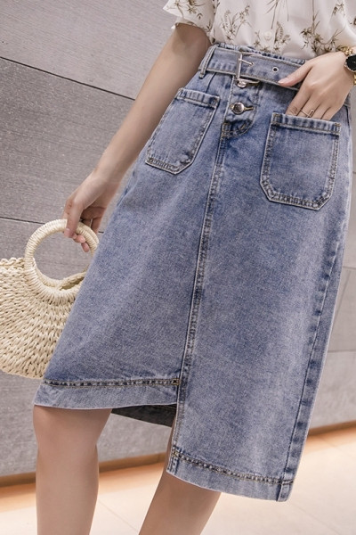 Női lezser farmerszoknya magas derékkal - aszimmetrikus modell