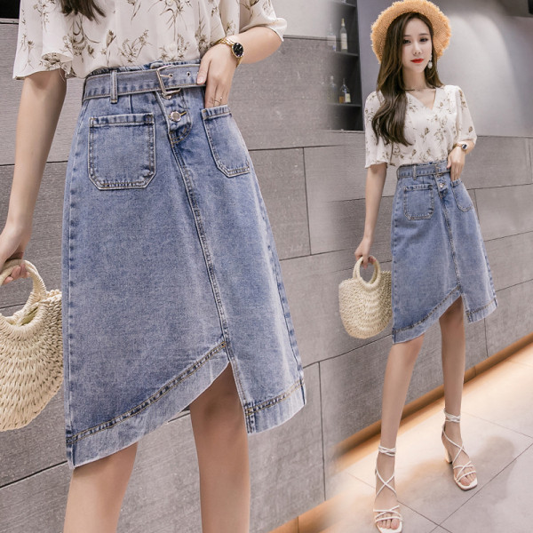 Női lezser farmerszoknya magas derékkal - aszimmetrikus modell