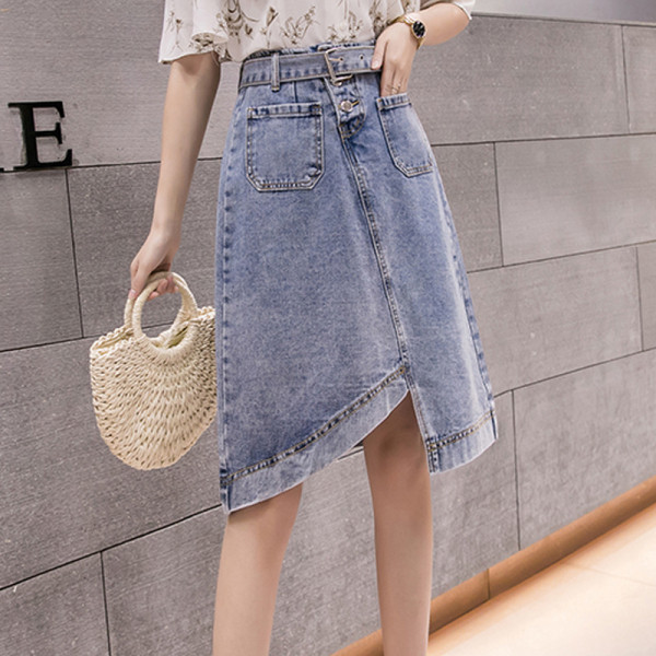 Női lezser farmerszoknya magas derékkal - aszimmetrikus modell