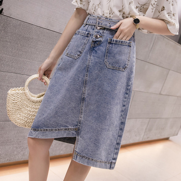 Női lezser farmerszoknya magas derékkal - aszimmetrikus modell