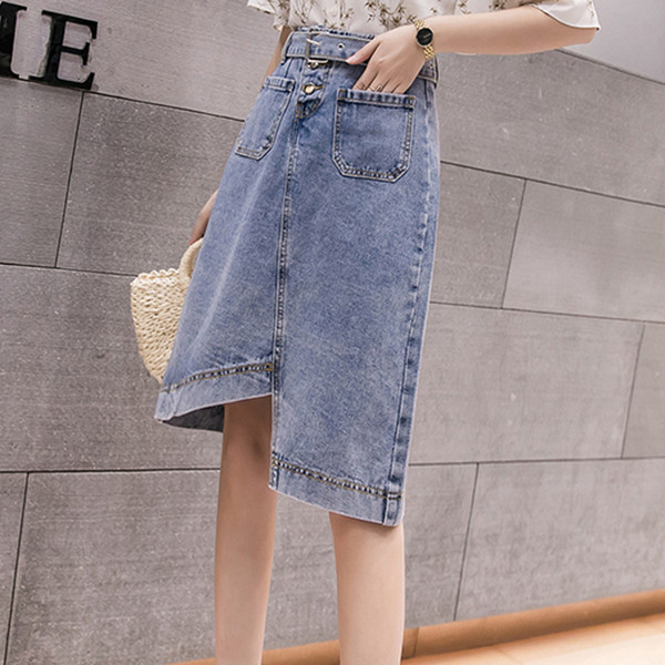 Női lezser farmerszoknya magas derékkal - aszimmetrikus modell