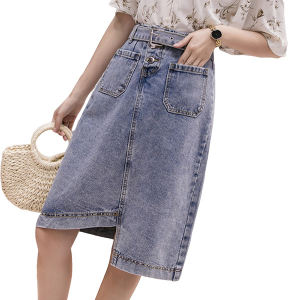 Női lezser farmerszoknya magas derékkal - aszimmetrikus modell