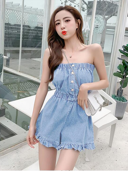 Ženski kratki traper kombinezon bez naramenica