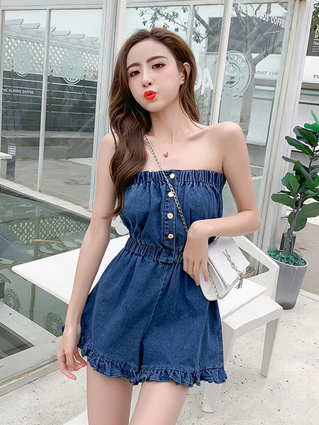 Ženski kratki traper kombinezon bez naramenica