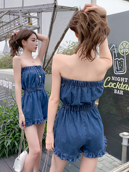 Ženski kratki traper kombinezon bez naramenica