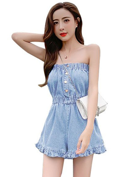 Ženski kratki traper kombinezon bez naramenica