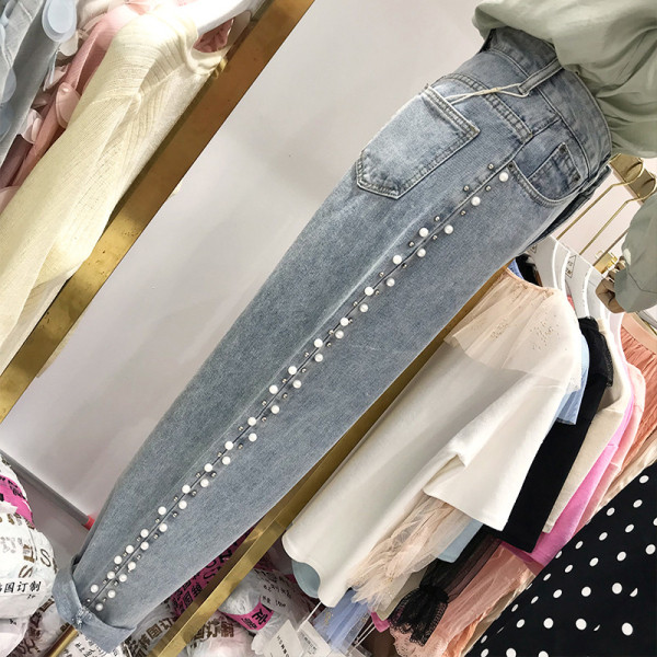Moderns sieviešu džinsu taisns modelis ar augstu vidukli un pērlēm
