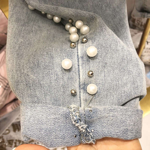 Moderns sieviešu džinsu taisns modelis ar augstu vidukli un pērlēm