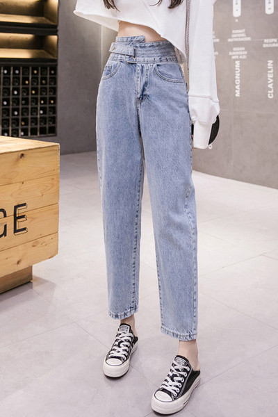 Ženske traperice s visokim strukom i džepovima - ravni model