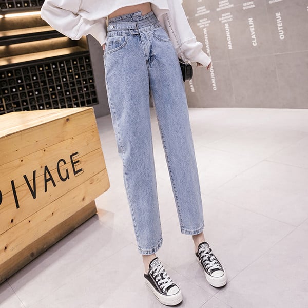 Ženske traperice s visokim strukom i džepovima - ravni model