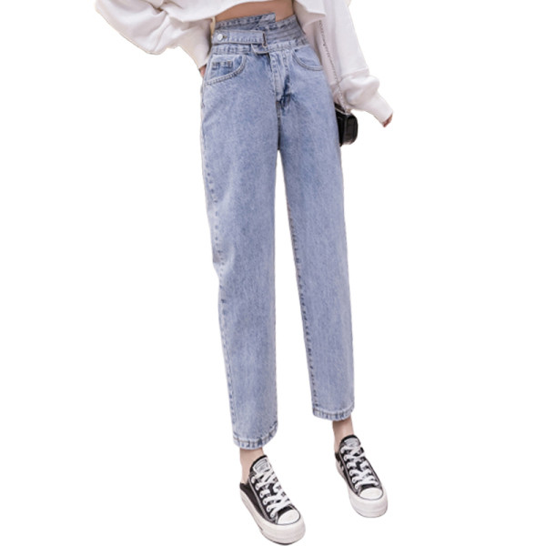 Ženske traperice s visokim strukom i džepovima - ravni model