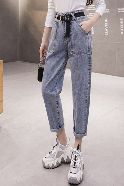 Blugi casual dama cu talie inalta si curea – model drept