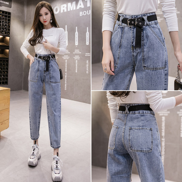 Blugi casual dama cu talie inalta si curea – model drept