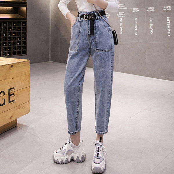 Blugi casual dama cu talie inalta si curea – model drept