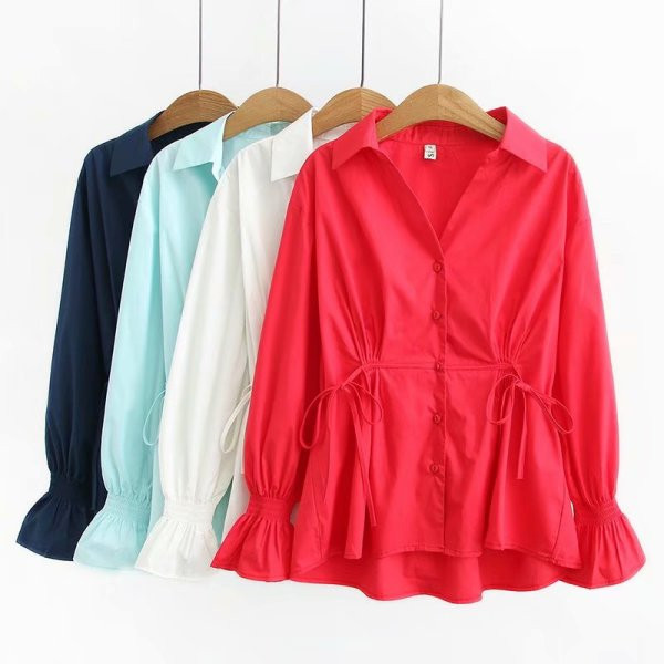 Camasa casual de dama cu guler clasic, nasturi si cravate in talie