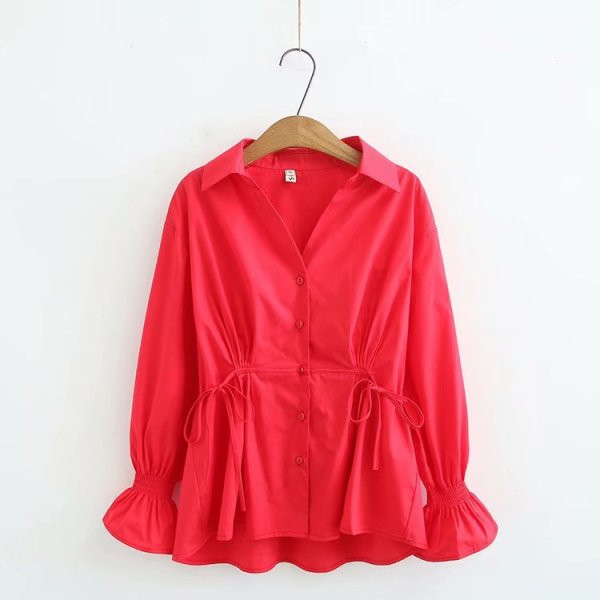 Camasa casual de dama cu guler clasic, nasturi si cravate in talie