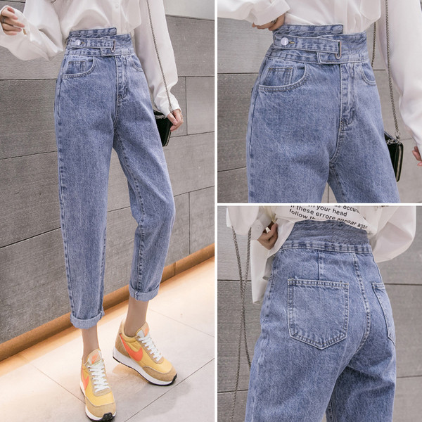 Mėlynos spalvos moteriški džinsai aukštu juosmeniu