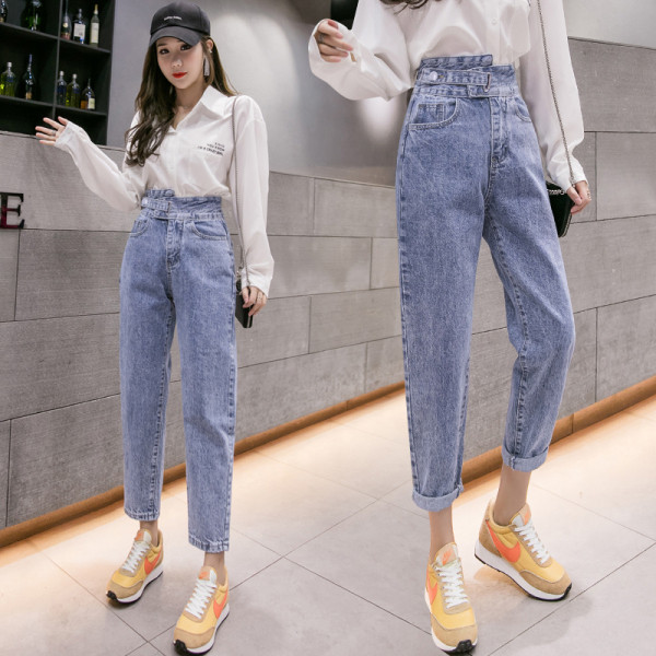 Mėlynos spalvos moteriški džinsai aukštu juosmeniu