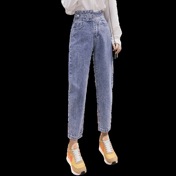 Mėlynos spalvos moteriški džinsai aukštu juosmeniu