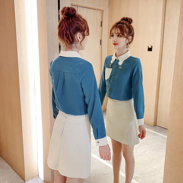 Sieviešu modernais krekls ar kabatu un klasisku apkakli