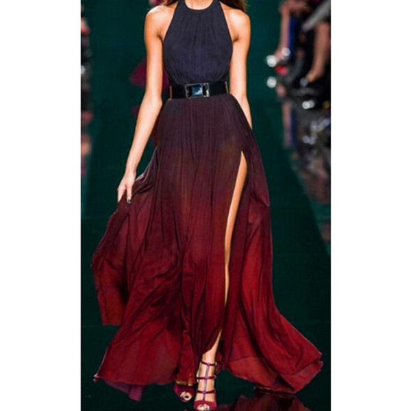 Rochie lunga de dama eleganta in culori fluide si decolteu rotund