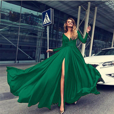Rochie lunga de dama eleganta, cu crapatura si decolteu in V