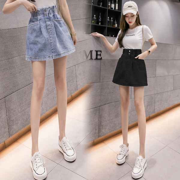 Fusta de dama din denim cu talie elastica si buzunare