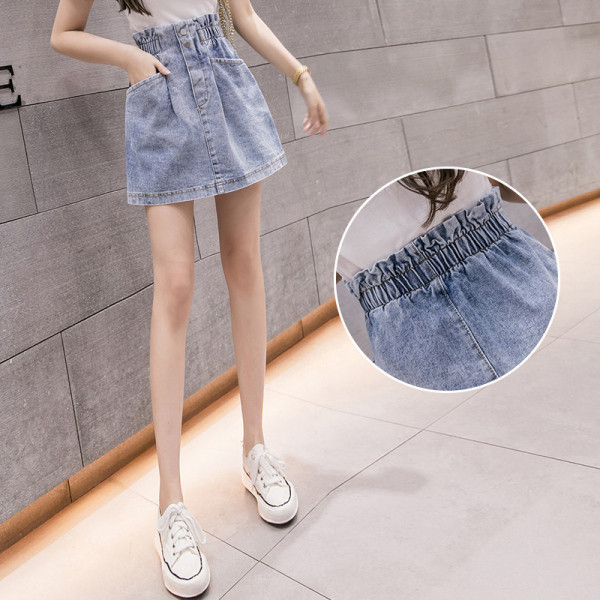 Fusta de dama din denim cu talie elastica si buzunare