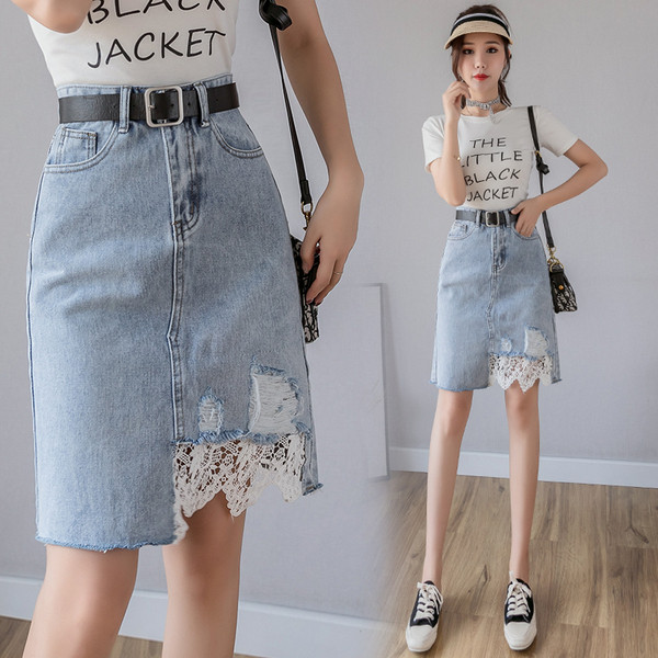 Modern női farmerszoknya magas derékkal és csipkével