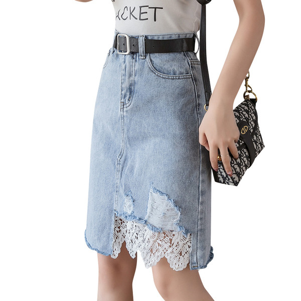 Modern női farmerszoknya magas derékkal és csipkével