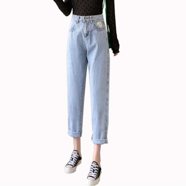 Široke ženske traperice s visokim strukom i cvjetnim vezom