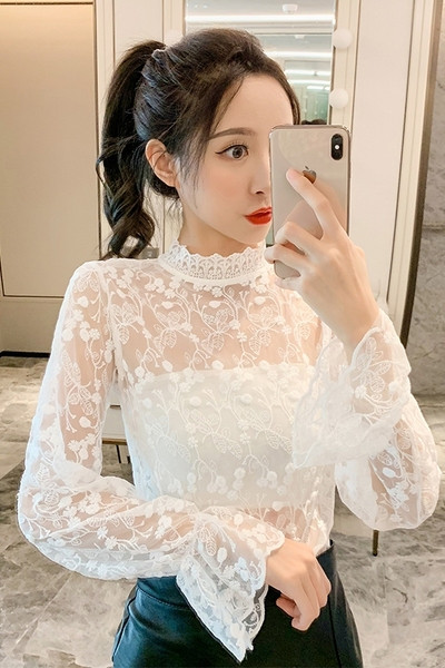 Cămașă modernă de damă cu guler înalt și broderie