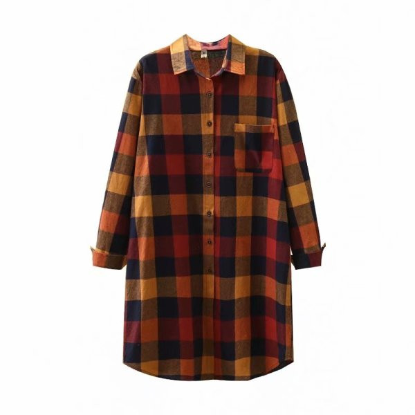 Lezser női hosszú kockás ing klasszikus gallérral és zsebbel