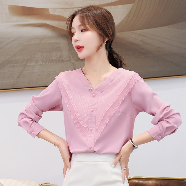 Női alkalmi sifon ing szalaggal és spitz nyakkivágással