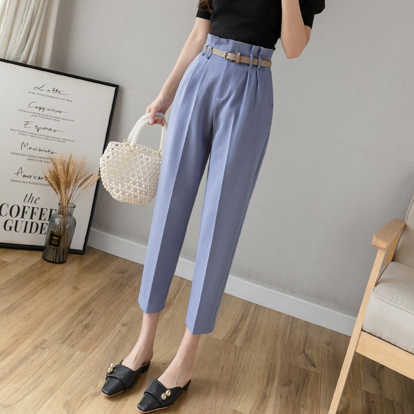 Stilīgas sieviešu taisnas bikses ar augstu vidukli un jostu