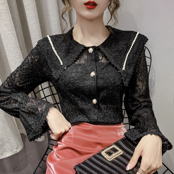Cămașă de damă modernă din dantelă, cu guler și nasturi clasici