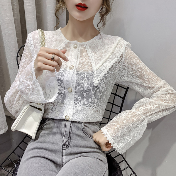 Cămașă de damă modernă din dantelă, cu guler și nasturi clasici