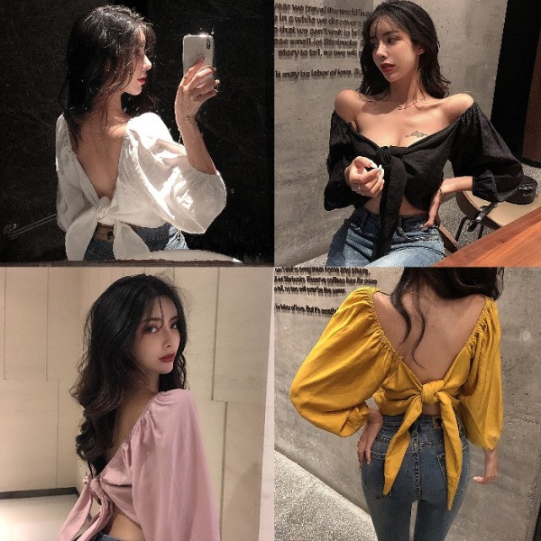 Moderna ženska kratka bluza spuštenih rukava i vezanja