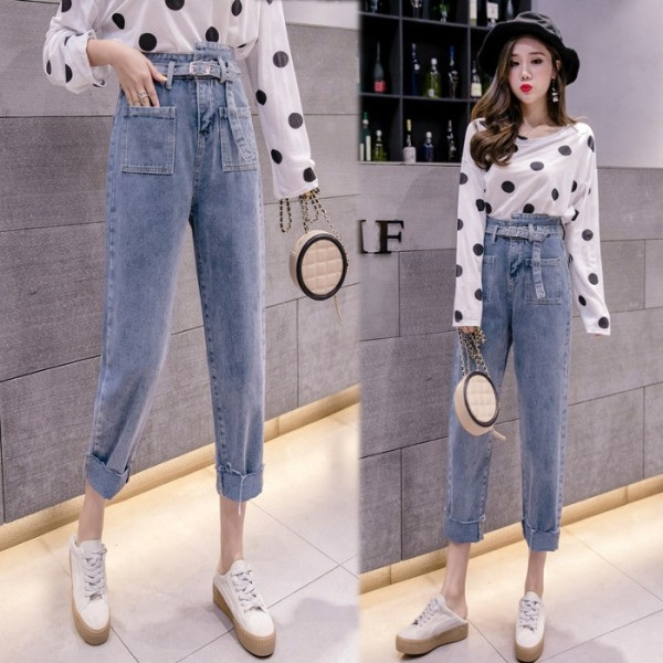 Blugi de dama moderni cu curea si buzunare - model drept