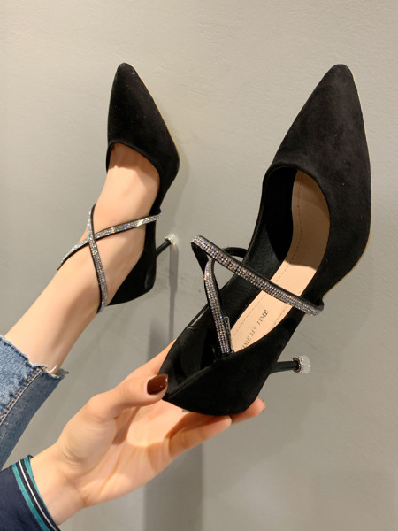 Pantofi eleganti de dama din piele intoarsa ecologica si bretele incrucisate