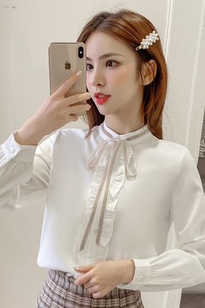 Cămașă casual de damă cu mâneci lungi și panglică