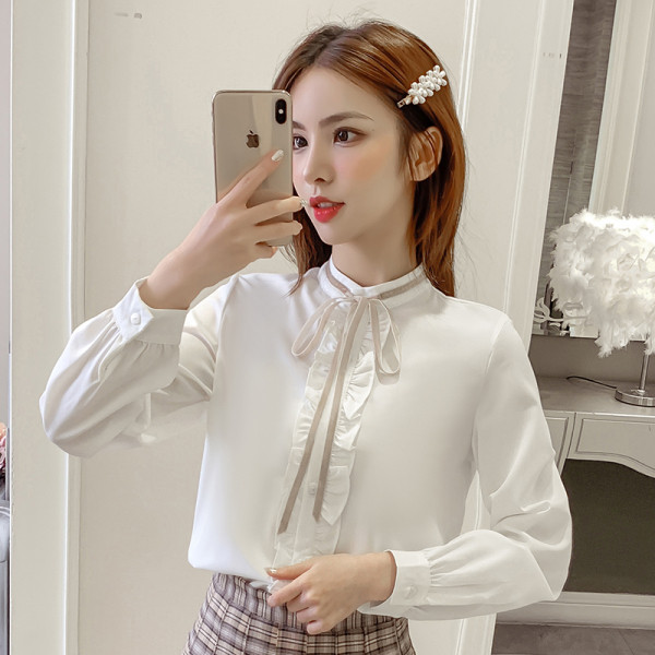 Cămașă casual de damă cu mâneci lungi și panglică