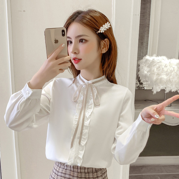 Cămașă casual de damă cu mâneci lungi și panglică