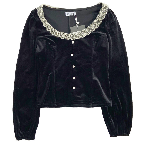 Stiilne naiste sametpluus ovaalse kaelusega ja pikkade varrukatega