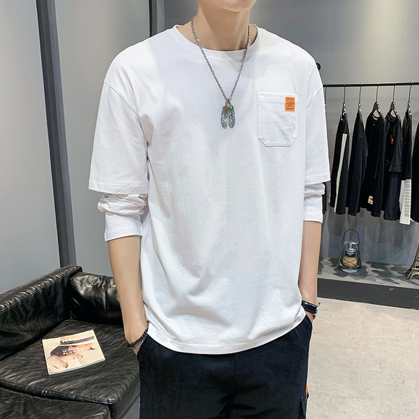 Ikdienas vīriešu blūze ar kabatu un O veida kakla izgriezumu