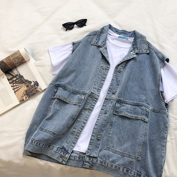 Dabartinis moteriškas džinsinis liemenės platus modelis su kišenėmis